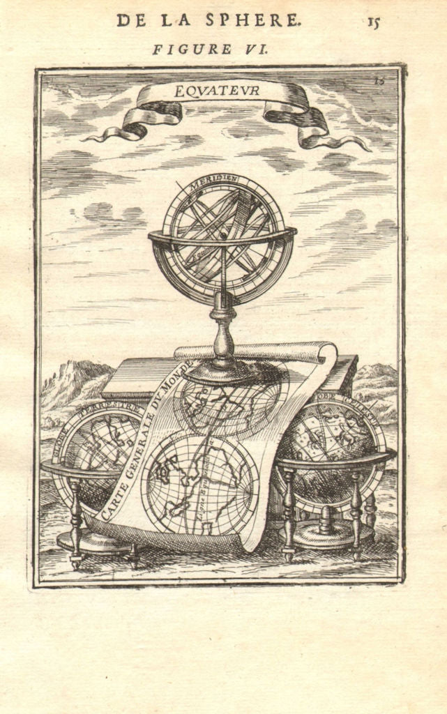 ARMILLARY SPHERE. 'Equateur'. Carte Generale du Monde. Astrolabe. MALLET 1683